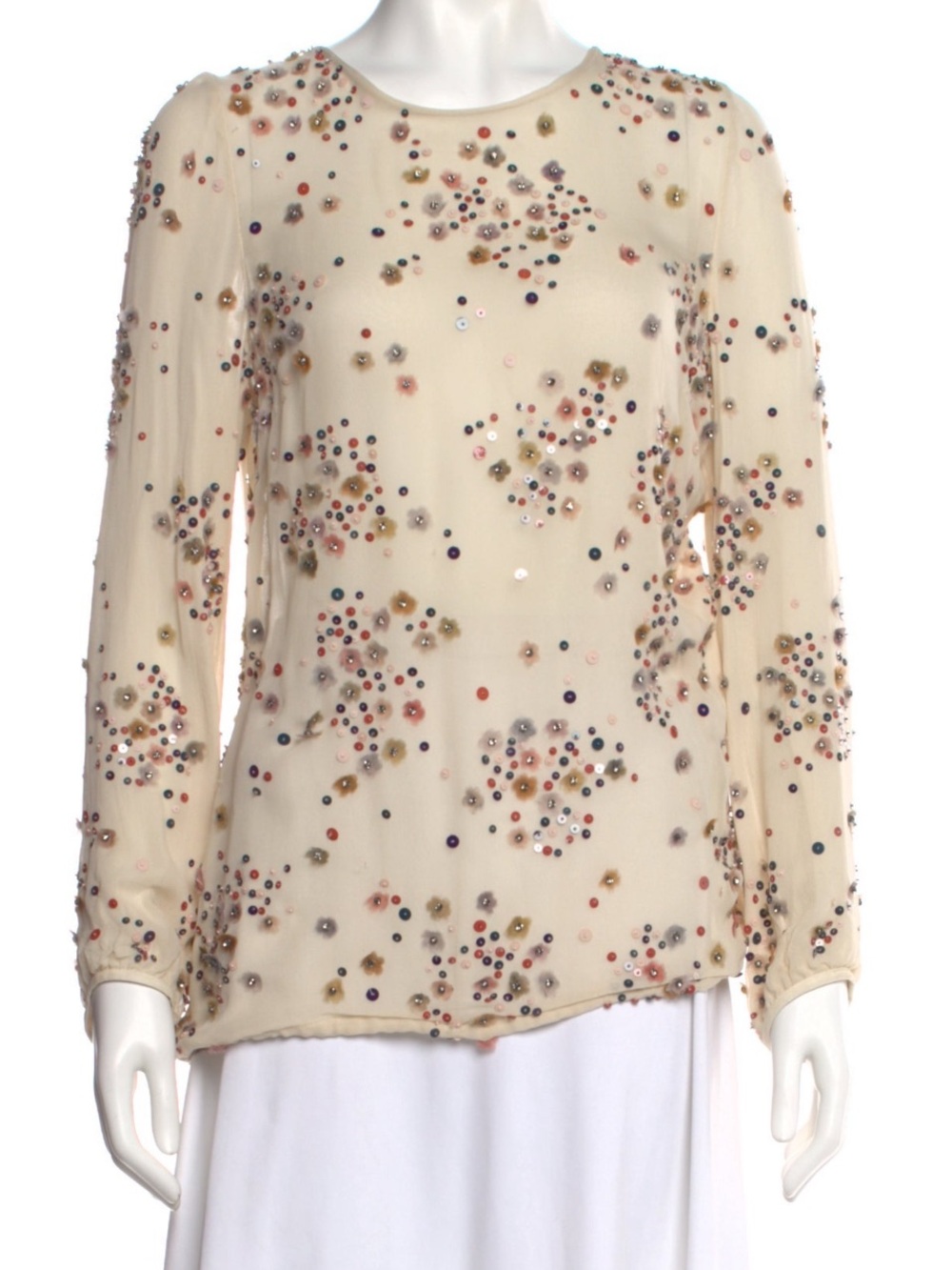 Lela Rose Cream Long-Sleeve Sequin & Bead Embellished Top